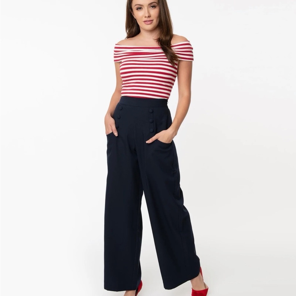 Collectif Navy High-Waist Wide-Leg Sailor Pants w suspenders